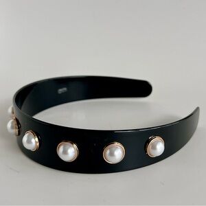 Black Glossy Headband Pearl Studs 1 3/8” Wide elegant statement hair accessory